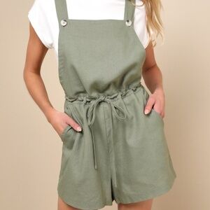 Lulus Cutest Vibes Olive Green Linen Drawstring Romper - Size L